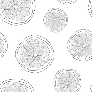 Beyaz arka plandaki limon dilimlerini özetliyor. Vektör kusursuz desen. Sağlıklı yemek..
