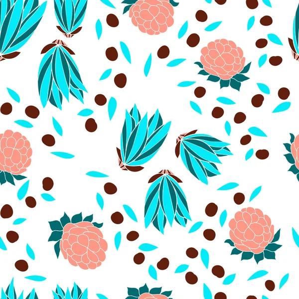 Pink Berries Blue Blossoms White Background Vector Seamless Pattern Design — Stock Vector