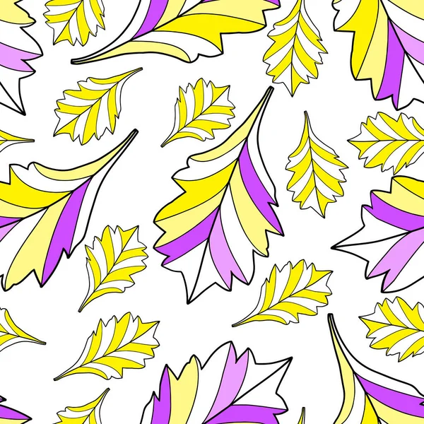 Feuilles Jaunes Violettes Rayées Sur Fond Blanc Modèle Sans Couture — Image vectorielle