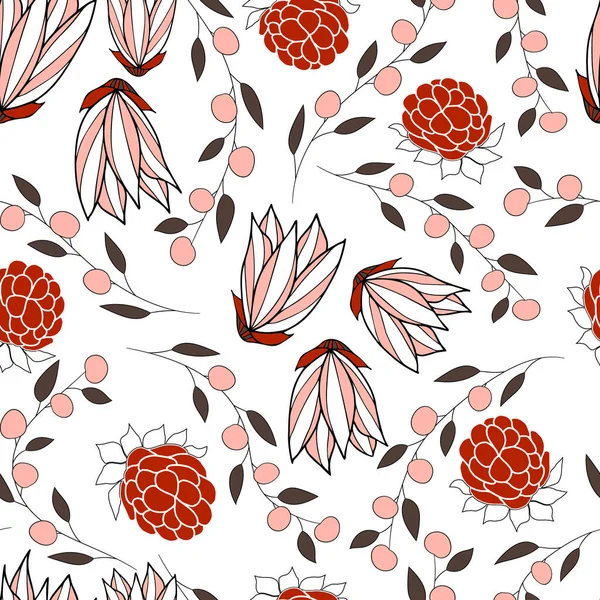 Розовые Цветы Красные Ягоды Белом Фоне Векторный Бесшовный Шаблон Дизайн — стоковый вектор
