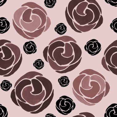 Pembe arka planda kahverengi, pembe ve siyah güller. Suluboya kusursuz desen. Kart, baskı, kumaş, ambalaj için tasarım. 