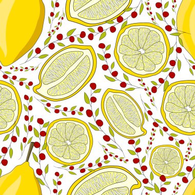 Meyvesiz, dikişsiz desen. Tam bir limon, bir dilim limon, beyaz arka planda böğürtlen dalları. Vektör çizimi. Kumaş, baskı, kart, ambalaj için tasarım.