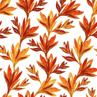 Parlak turuncu dallar ve beyaz arka planda yapraklar. Suluboya kusursuz desen. Kumaş, baskı, kart, ambalaj için tasarım.