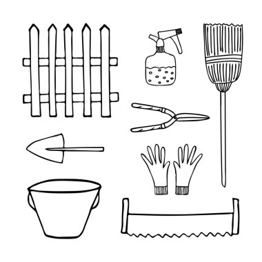 Bahçe aletleri seti. Tasarım için vektör izole edilmiş ana hatlar. Kase, testere, çit, süpürge, sprey, eldiven, kürek. Doodle tarzı.