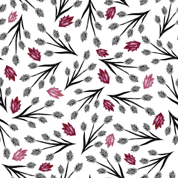 Grey plants and maroon flowers on a white background. Watercolor seamless pattern. Design for card, print, wrapping, fabric.