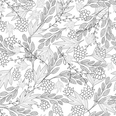 Beyaz arka planda dallar, yapraklar ve böğürtlenler. Vektör kusursuz desen. Kumaş, kart, duvar kağıdı, baskı için tasarım. 