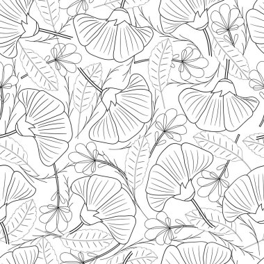 Çiçeksiz desenli süslemeler. Tek renk ana hatları beyaz arka planda çiçekler, yapraklar ve basit bitkiler. Renklendirme sayfası, bez, baskı, paketleme için tasarım. 