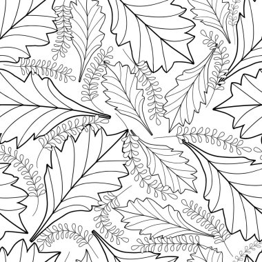 Monokrom ana hatları yapraklar. Vektör kusursuz desen. Kumaş, baskı ve ambalaj için tasarım.