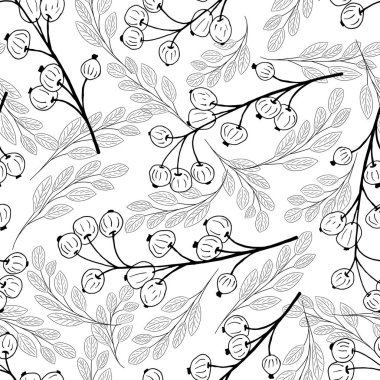 Beyaz arka planda el yapımı böğürtlen ve yapraklar. Ana hatlar vektörsüz şablon. Kumaş, baskı ve ambalaj için tasarım. 
