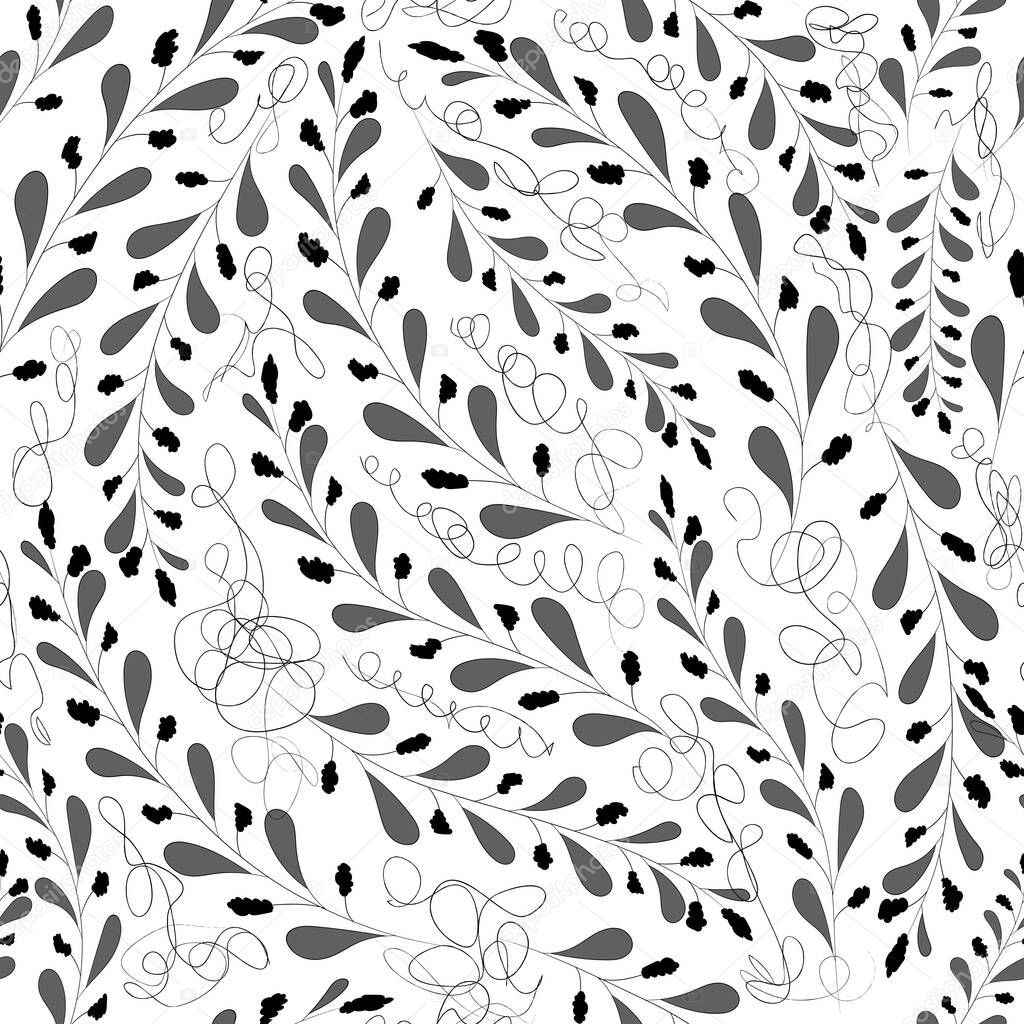Monochrome floral seamless pattern. Branches with grey leaves on the white background. Design for cloth, card, print, wrapping. Vector. 