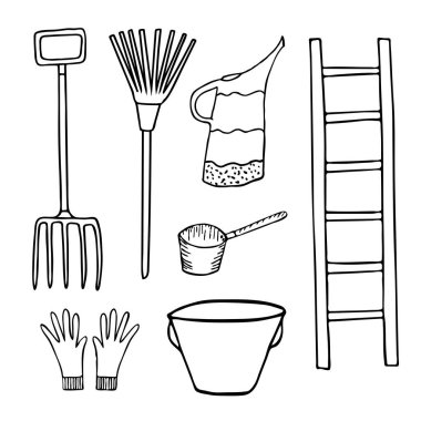 Bahçe aletleri seti. Merdiven, çatal, kepçe, sulama kutusu, tırmık, kase, eldiven. Tasarım için vektör ögelerini özetlerName.