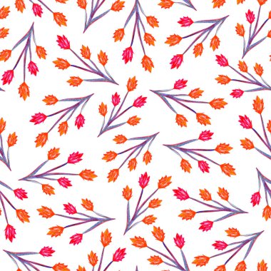 Beyaz arka planda kırmızı ve turuncu çiçekler açar. Suluboya kusursuz desen. 