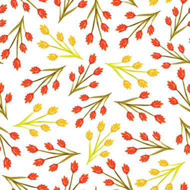 Beyaz arka planda sarı ve kırmızı küçük çiçekler. Suluboya kusursuz desen.