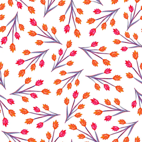 Beyaz arka planda kırmızı ve turuncu çiçekler açar. Suluboya kusursuz desen. 