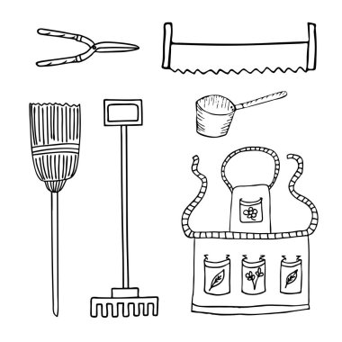 Bahçe aletleri seti. Önlük, mezhepçiler, kepçe, süpürge, el testeresi, tırmık. Vektör karalama elementleri.
