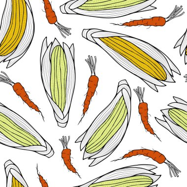 Mısır koçanı ve havuç. Beyaz arka planda sebzeler. Vektör kusursuz desen. Sonbahar hasadı.