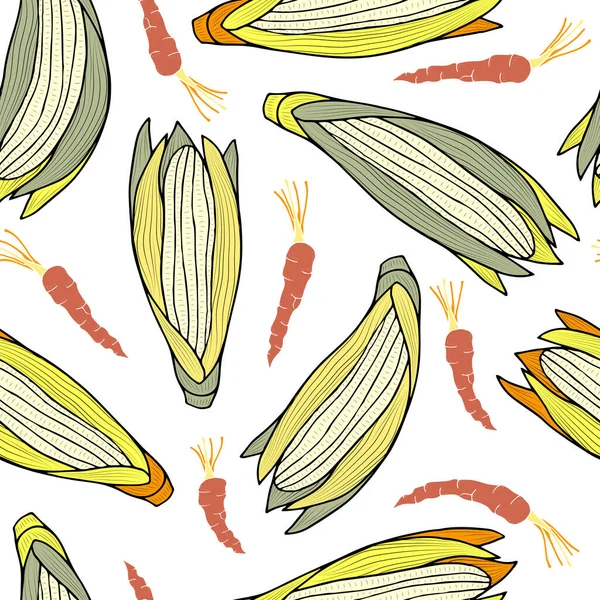 Corn Cobs Carrots White Background Vector Seamless Pattern Autumn Vegetable — Stock Vector