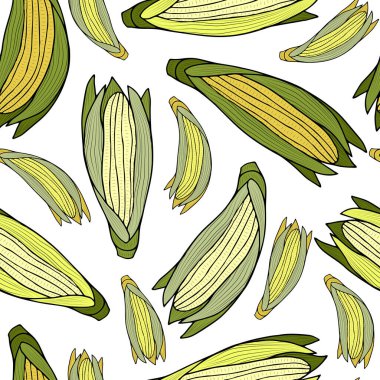 Beyaz arka planda olgun mısırların kulakları. Vektör kusursuz desen. Sonbahar sebze hasadı. Paket, kağıt, baskı için tasarım.