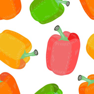 Kırmızı, sarı, yeşil, beyaz arka planda turuncu dolma biber. Vektör kusursuz desen. Sonbahar sebzeleri.