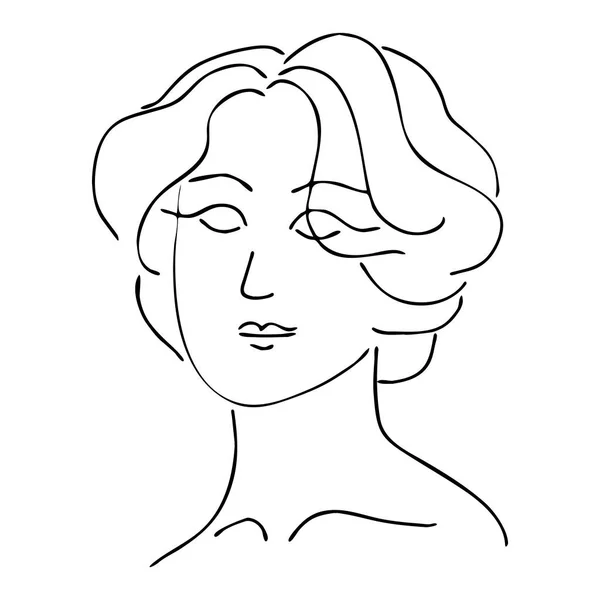カール付きの短い女性の髪型 女の顔と首 ベクトルアウトライン図 — ストックベクタ