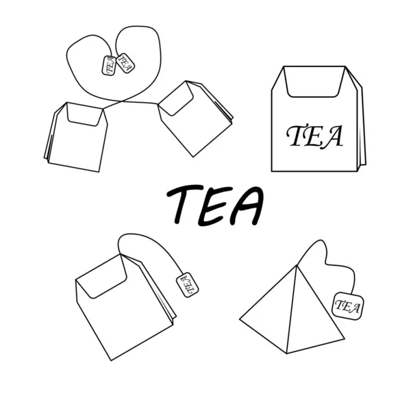Σετ Τσάι Γραμμική Απεικόνιση Doodle Απλή Απεικόνιση Περίγραμμα — Διανυσματικό Αρχείο