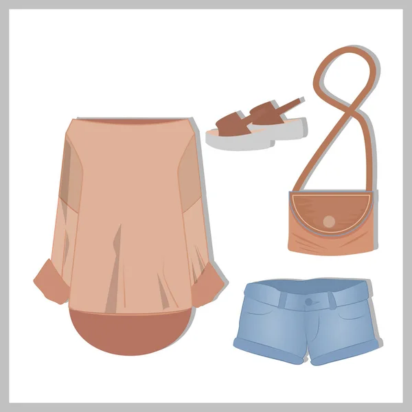 Yazlık giysi ve aksesuarlar. Ceket, çanta, ayakkabı., 