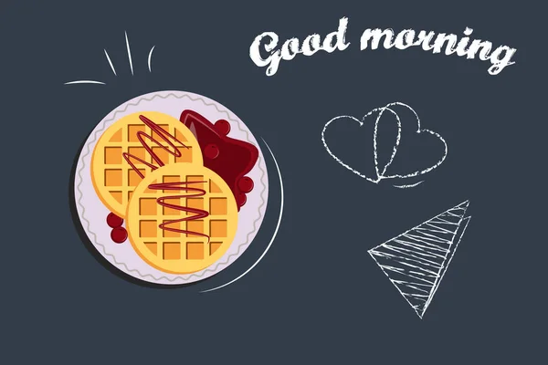 Kahvaltıda. Waffle. İyi sabahlar. Yemek illüstrasyonu