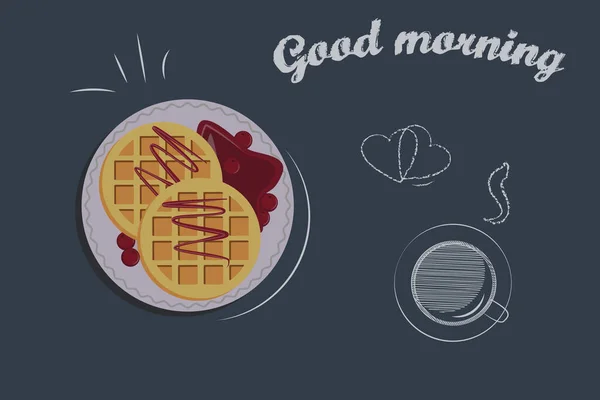 Kahvaltıda. Waffle. İyi sabahlar. Yemek illüstrasyonu