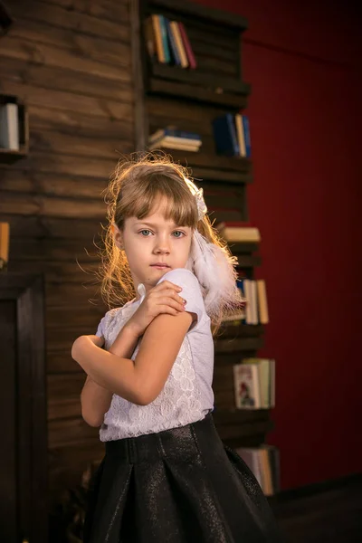 Porträt Eines Kleinen Schönen Mädchens Der Bibliothek Vor Dem Hintergrund — Stockfoto