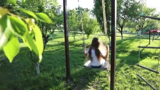 Little Girl Long Hair Riding Swing Green Garden Park — Stock Video