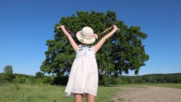 Маленька Мила Дівчинка Сукні Відкритими Руками Дивиться Небо Насолоджуватися Влітку — стокове відео