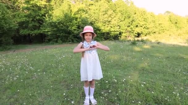 Egy Édes Kislány Hosszú Hajjal Megmutatja Szív Szimbólumát Baba Parkban — Stock videók