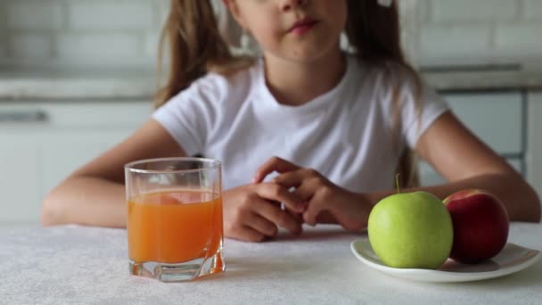 Childhood Health Concept Glass Juice Apples Table — Stock Video