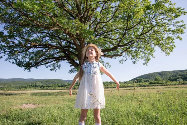 Liten Söt Flicka Hatt Jublar Sommaren Barnet Blundade Och Lyfte — Stockfoto