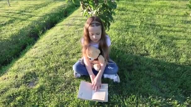 Милая Девушка Читает Книгу Тедди Медведя Траве Лесу Цветочная Поляна — стоковое видео