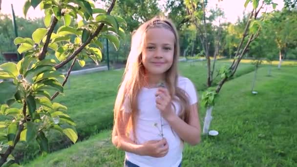 Маленькая Милая Девочка Длинными Волосами Цветком Руке Портрет Ребенка Закате — стоковое видео