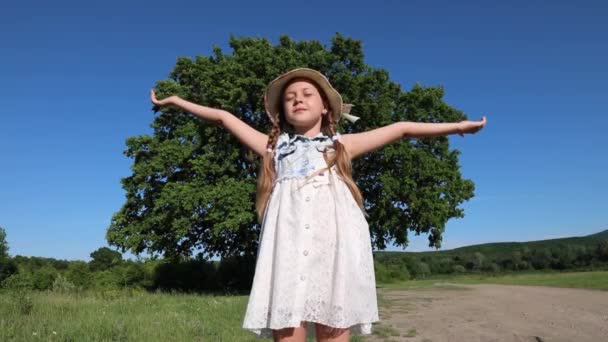 Маленькая Милая Девочка Платье Открытыми Руками Смотрящая Небо Насладиться Летом — стоковое видео