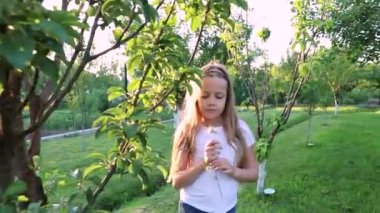 Uzun saçlı ve elinde çiçekle küçük tatlı bir kız. Gün batımında yeşil bir bahçede bir çocuğun portresi, park