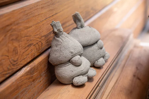 Clay doll. Used for decorating the garden or the living area of the house. gnome with his own hands. dwarves and garden figures made of clay. — Stock Image Clay Doll Used Decorating Garden Living Area House Gnome His Stock Picture