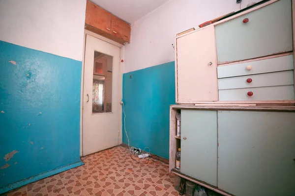 cheap housing. the apartment where grandma lives. room with poor old repairs. Old ugly apartment flat view from inside, interior, retro style, old. Apartment in Russia Moscow