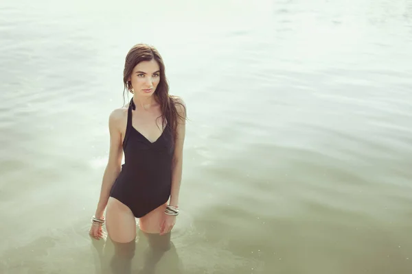 Beautiful Woman Black Bathing Suit Standing Water — Stock Photo, Image