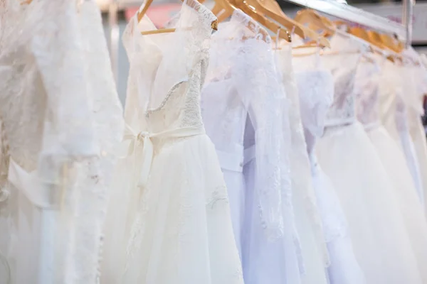 White Wedding Dresses Hang Counter Store — Stock Photo, Image