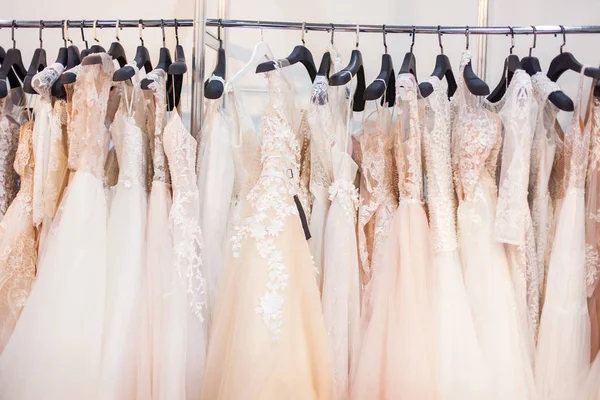 Many Luxury Wedding Dresses Bridal Salon — Stock Photo, Image