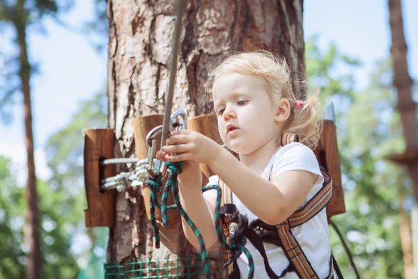 Küçük kız bir aşırı ip Park karabina üzerinde engel interchanges.