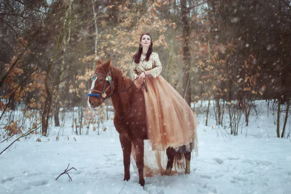 Junge Frau Schönem Kleid Auf Einem Pferd Winterwald — Stockfoto