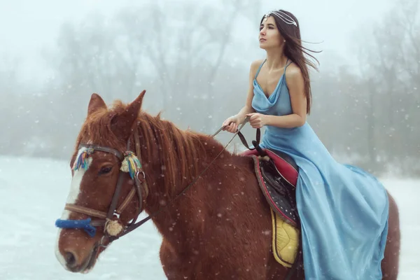 Ritratto Una Bella Giovane Bruna Che Cavalca Cavallo Lago Ghiacciato — Foto Stock