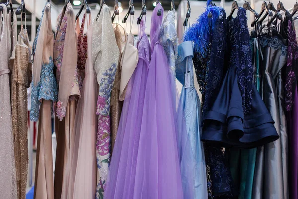 Beautiful Shiny Evening Gowns Hang Hanger — Stock Photo, Image