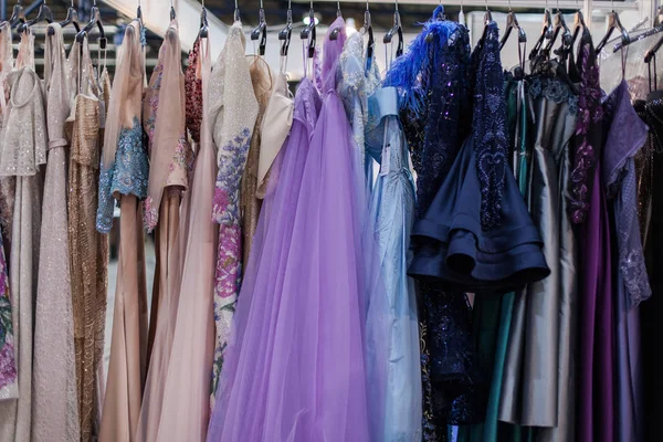 Gorgeous Shiny Evening Dresses Hang Hanger — Stock Photo, Image