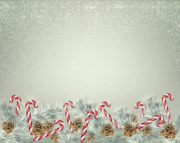 Weihnachten Hintergrund Mit Tannenzweigen Süßigkeiten Und Schnee — Stockvektor