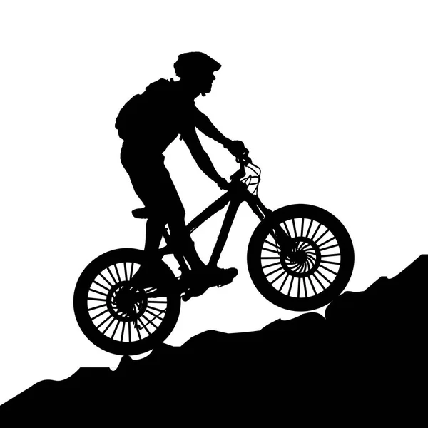 Een Fiets Rijden Fiets Rotsachtige Gebied Illustratie Met Mountainbike Silhouet — Stockvector